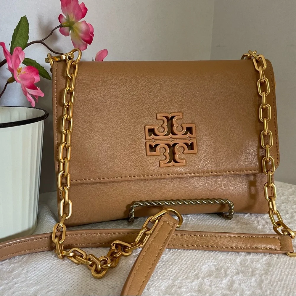 Tory Burch Britton Chain‎ Leather Crossbody with Gold Chain.